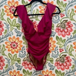 J. Crew Pink Ruffle One-Piece Swimsuit